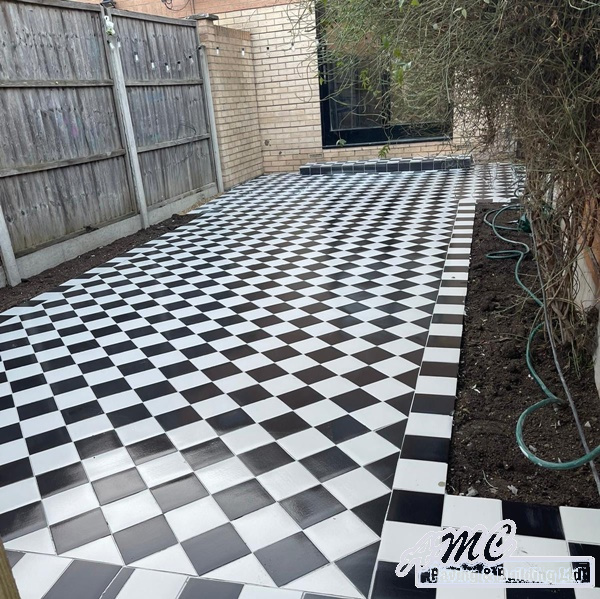 Black and white tiled patio